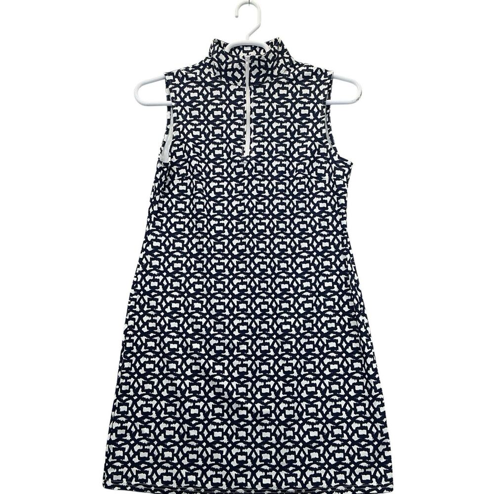 Aryeh stretch dress mock neck 1/4 zip sleeveless blue/white patterned Size Med